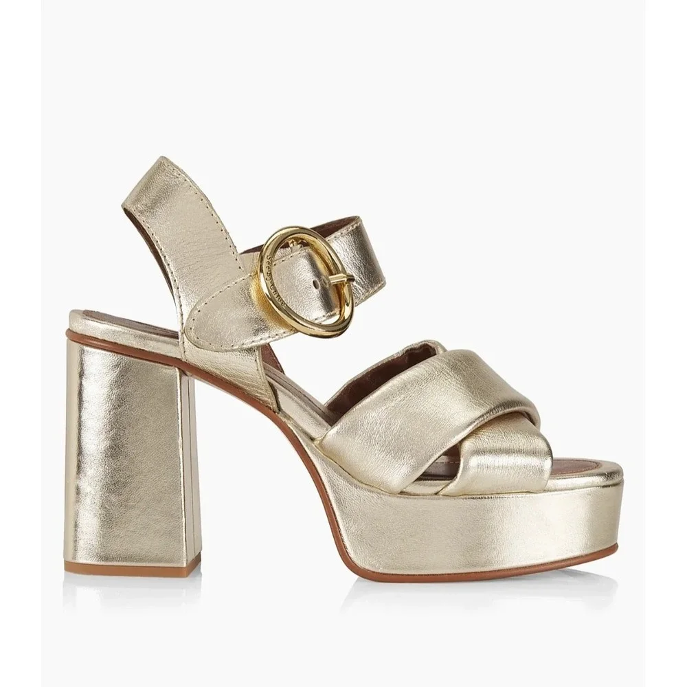 See By Chloe Gold Metallic Leather Platform Block Heel Sandals Sz 40 NWOB Party